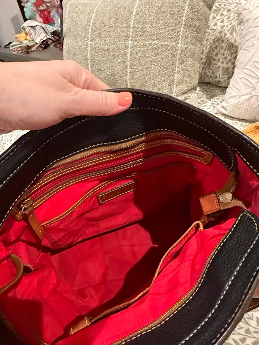 Dooney & Bourke Black Leather Tote with Brown Trim & Handles - Picture 12 of 16